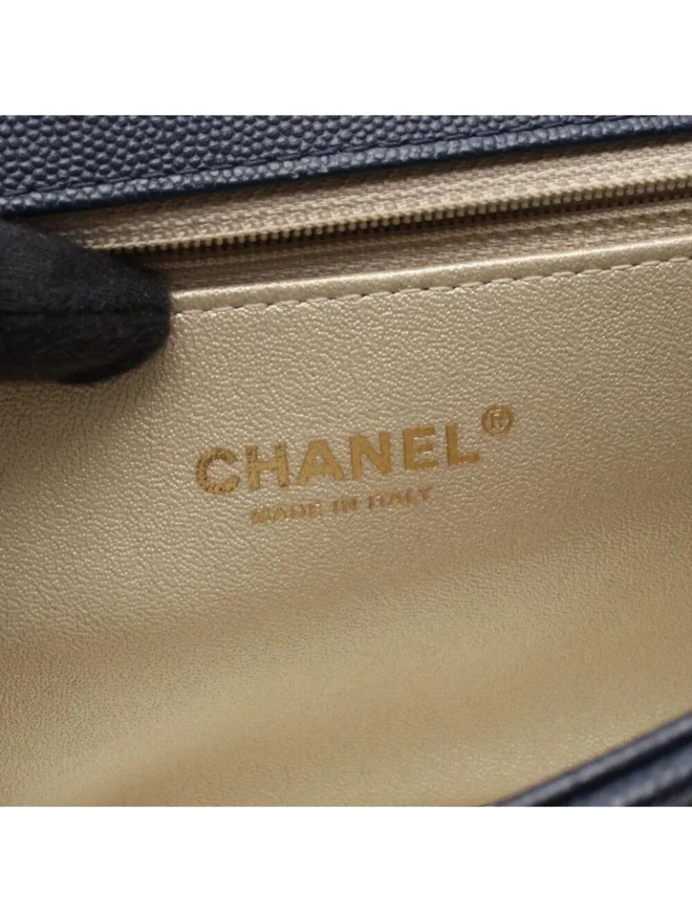 Chanel Shoulder Bag CC Logo Navy Gold Caviar Leather Chain